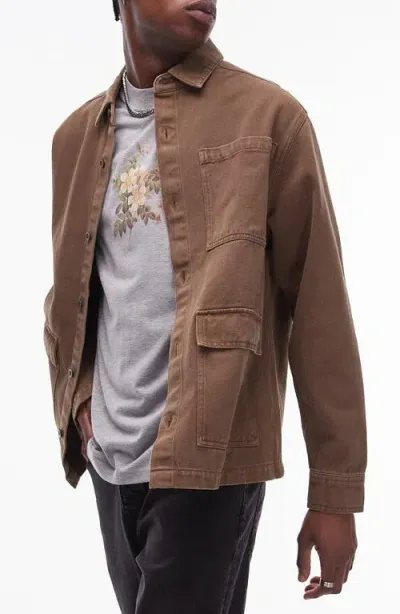 Topman Patch Pocket Cotton Twill Overshirt In Brown