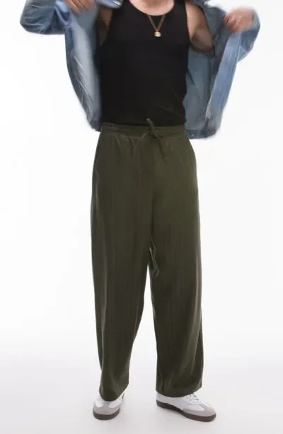 Topman Wide Leg Pin Stripe Pants In Khaki-green