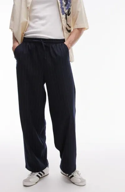 Topman Pinstripe Wide Leg Drawstring Pants In Navy