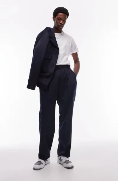 Topman Wide Leg Wool Mix Suit Pants In Navy