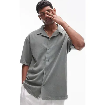 Topman Oversized Fit Button Up Jersey Polo In Washed Sage-green