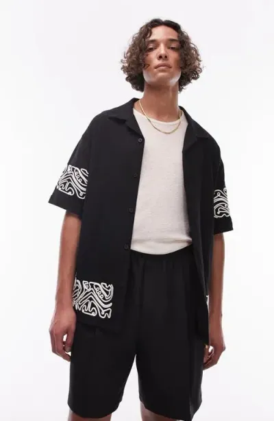 Topman Oversized Fit Button Through Jersey Polo With Embroidery In Black