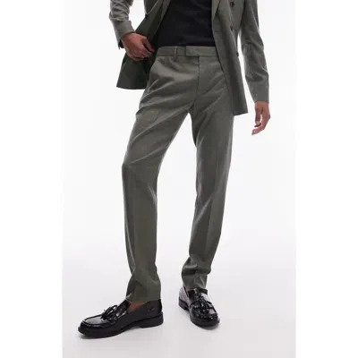 Topman Stretch Straight Leg Pants In Khaki Green