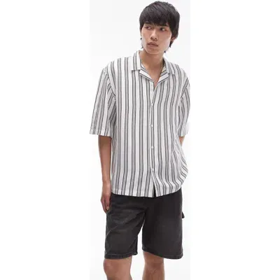 Topman Short Sleeve Relaxed Linen Mix Striped Shirt In White-multi