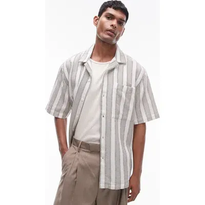 Topman Textured Stripe Cotton Camp Shirt In White Multi