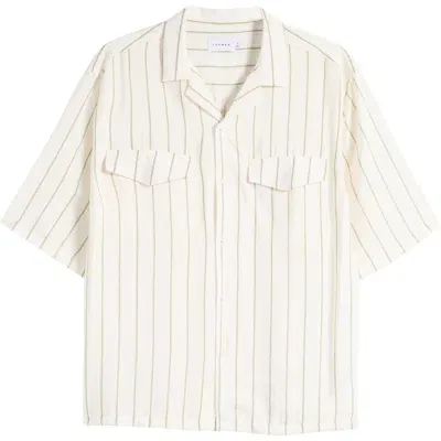 Topman Textured Stripe Short Sleeve Button-up Camp Shirt In Off White