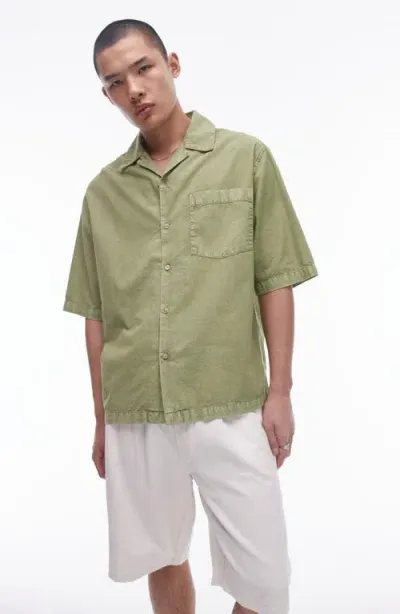 Topman Short Sleeve Relaxed Washed Shirt In Khaki-green