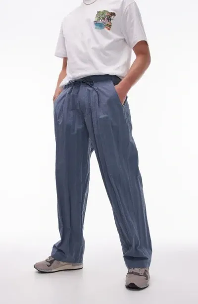 Topman Wide Leg Drawstring Pants In Mid Blue