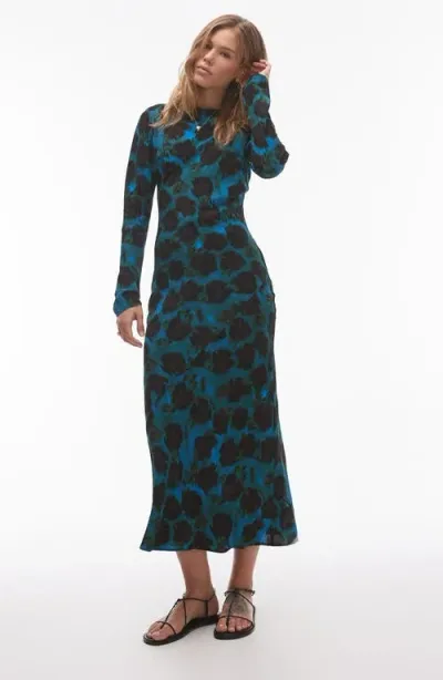 Topshop Abstract Print Long Sleeve Midi Dress In Mid Blue