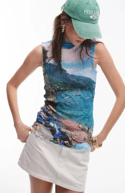 Topshop Beach Landscape Graphic Tank Top In Blue