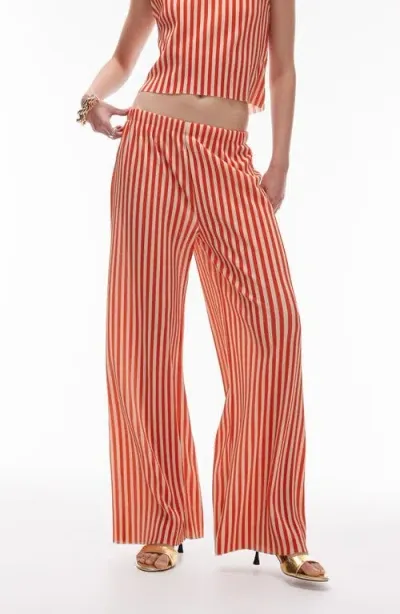 Topshop Plissé Pull-on Wide Leg Pants In Red