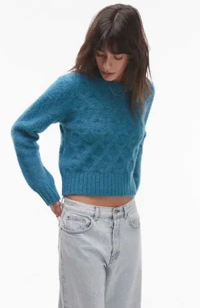 Topshop Cable Stitch Crewneck Sweater In Teal