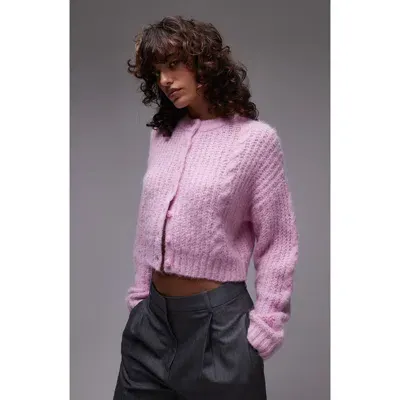 Topshop Cable Stitch Crop Cardigan In Pink