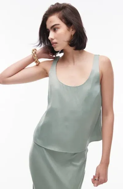 Topshop Crop Satin Tank In Khaki