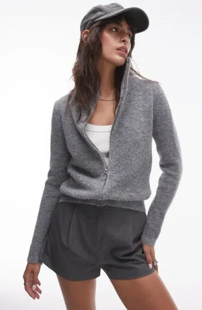 Topshop Fluffy Zip Cardigan In Grey