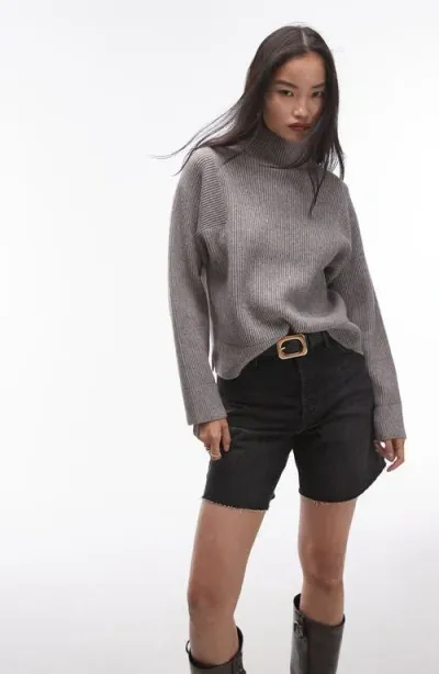 Topshop Funnel Neck Rib Sweater In Grey