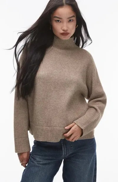 Topshop Knit Clean Ribbed Funnel Sweater In Oat-neutral