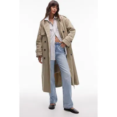 Topshop High Pile Fleece Lined Trench Coat In Stone