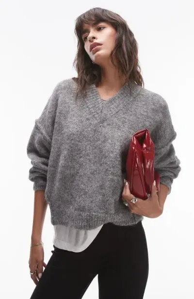 Topshop High V-neck Sweater In Grey