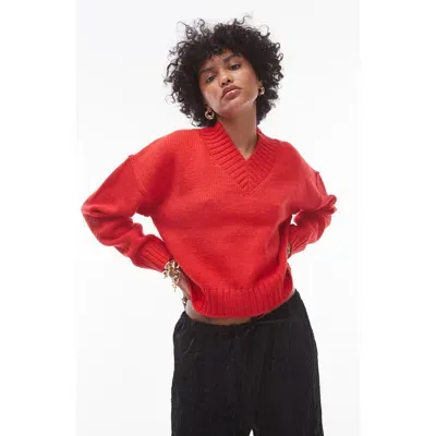 Topshop High V-neck Sweater In Red