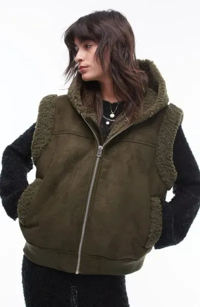 Topshop Hooded Faux Shearling Vest In Khaki