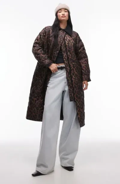 Topshop Leopard Print Quilted Coat In Brown Multi