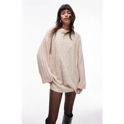 Topshop Long Sleeve Cable Stitch Sweater Dress In Ivory