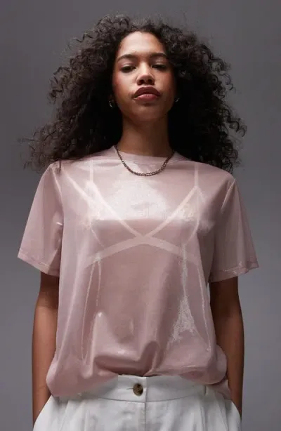 Topshop Metallic Sheer T-shirt In Pink