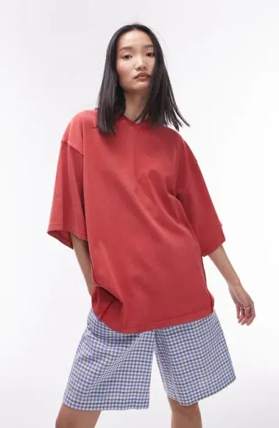 Topshop Oversize Cotton V-neck T-shirt In Red