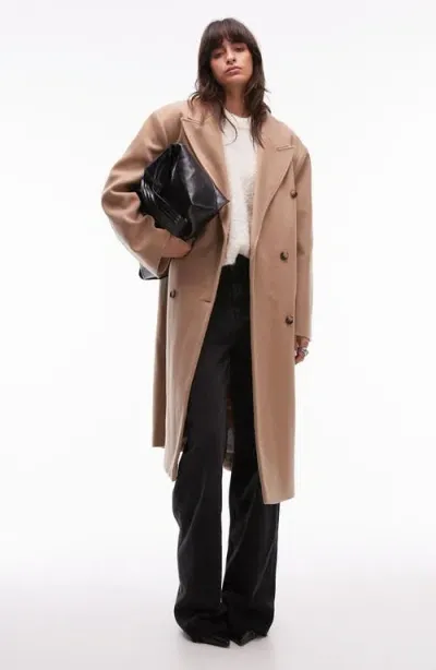 Topshop Oversize Double Breasted Coat In Camel