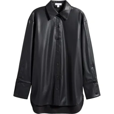 Topshop Oversize Drop Shoulder Faux Leather Shirt In Black