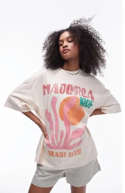 Topshop Oversize Majorca Cotton Graphic T-shirt In Stone