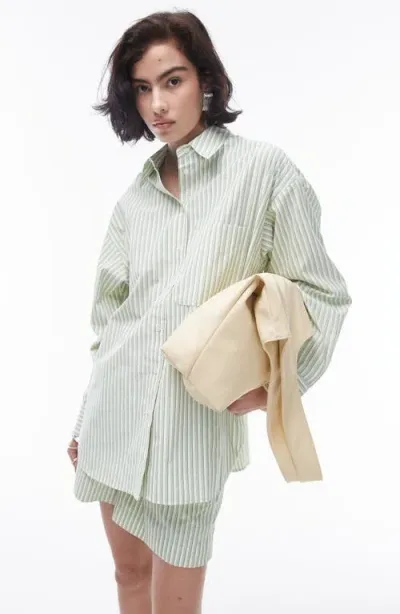 Topshop Oversize Stripe Cotton Button-up Shirt In Green Multi