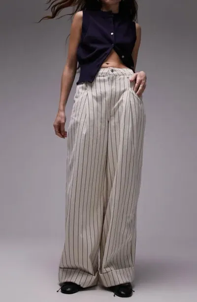 Topshop Pinstripe Pleated Wide Leg Twill Pants In Cream