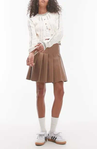 Topshop Pleated Faux Leather Miniskirt In Coffee