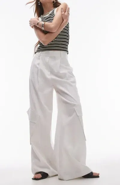 Topshop Pleated Linen Blend Wide Leg Cargo Pants In White