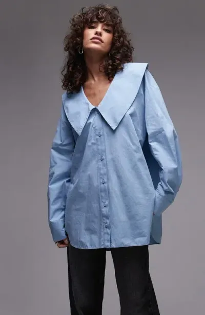 Topshop Point Collar Cotton Poplin Button-up Shirt In Mid Blue