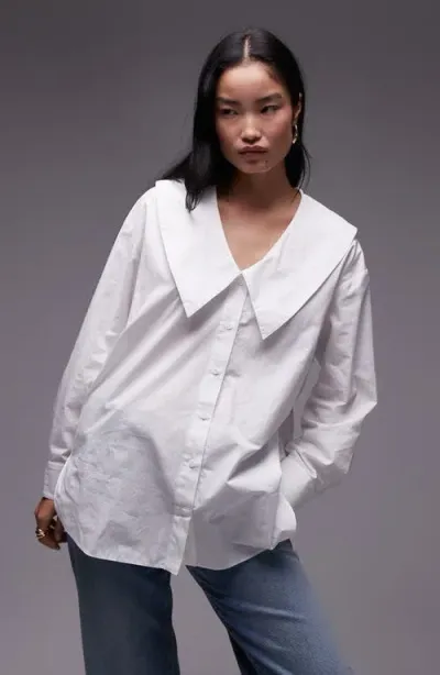 Topshop Point Collar Cotton Poplin Button-up Shirt In White