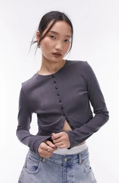 Topshop Pointelle Long Sleeve Micro Cardigan In Slate-gray