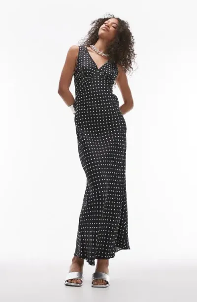 Topshop V Neck Midi Length Slip Dress In Mono Spot-black