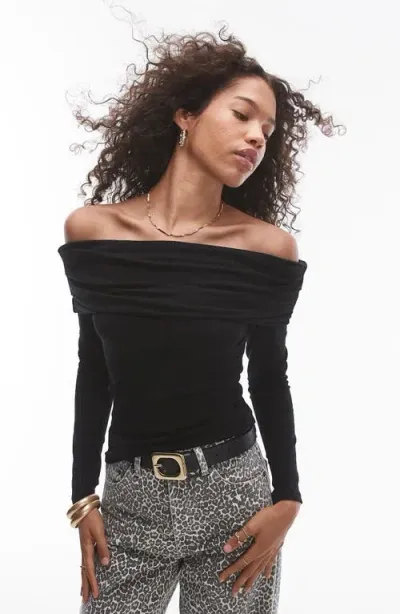 Topshop Premium Rib Off The Shoulder Top In Black