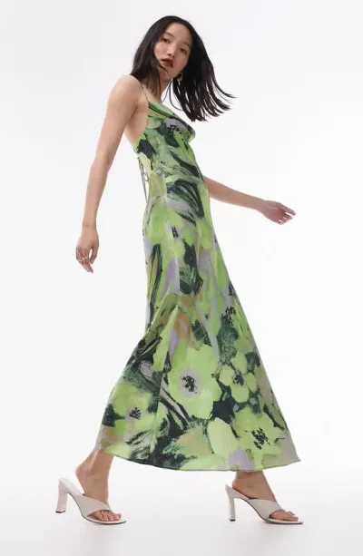 Topshop Print Cowl Neck Open Back Midi Slipdress In Light Green