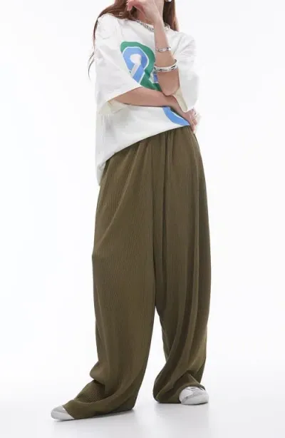 Topshop Plisse Balloon Leg Pants In Khaki-green