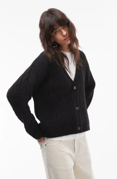 Topshop Relaxed Cable Stitch Cardigan In Black