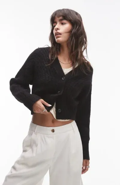 Topshop Rib Crop Cardigan In Black