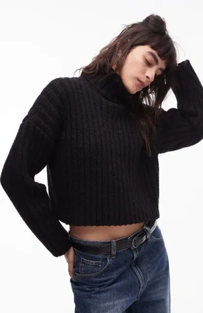 Topshop Rib Crop Turtleneck Sweater In Black