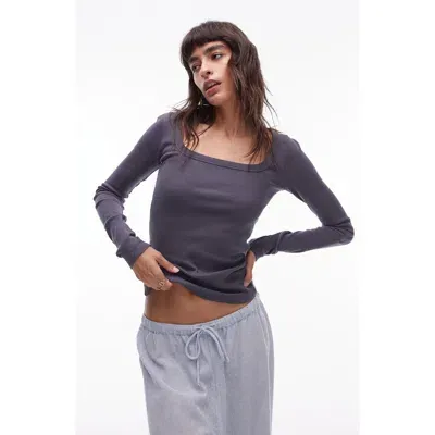 Topshop Rib Square Neck Top In Charcoal