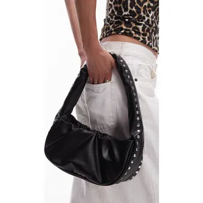 Topshop Sasha Ruched Studded Faux Leather Shoulder Bag In Black