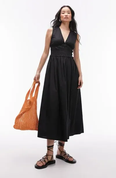 Topshop Sleeveless Poplin Midi Dress In Black