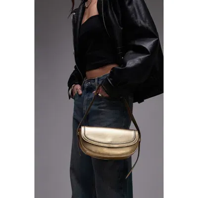 Topshop Stefan Metallic Faux Leather Half Moon Shoulder Bag In Gold